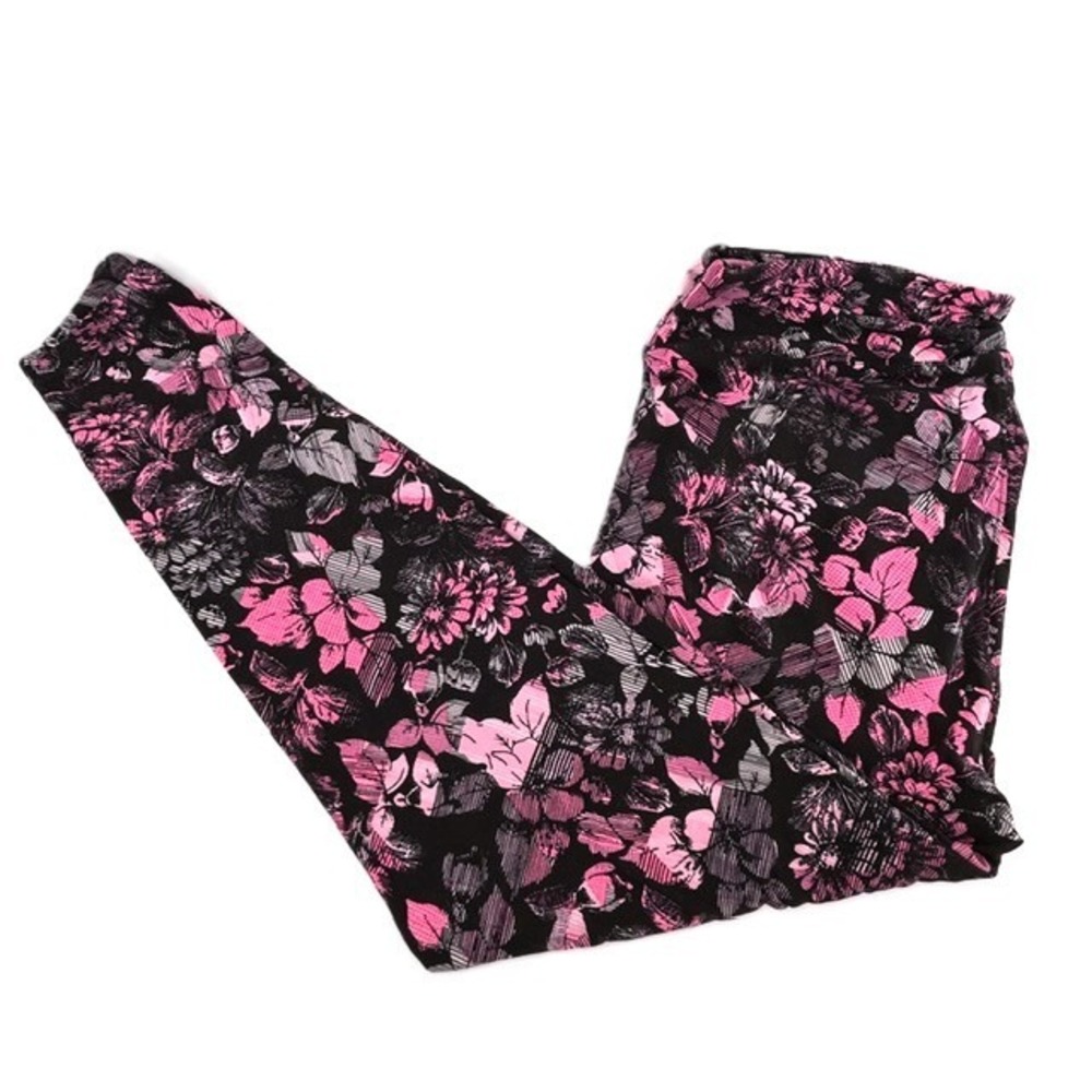LuLaRoe TC2 Leggings Pink Grey Floral Black Buttery Soft Tall Curvy 2 Plus Size
